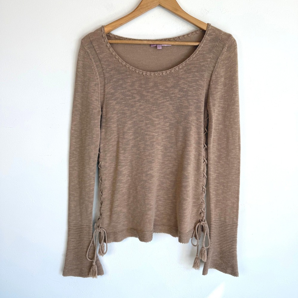 Calypso St Barth Sweater S Linen Lace Up Bell Sleeve Boho Y2K Tassel Knit